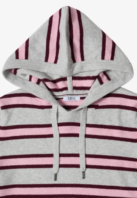 Grauer Hoodie mit Kapuze und gestreiftem Muster aus pinken und burgundroten Streifen.