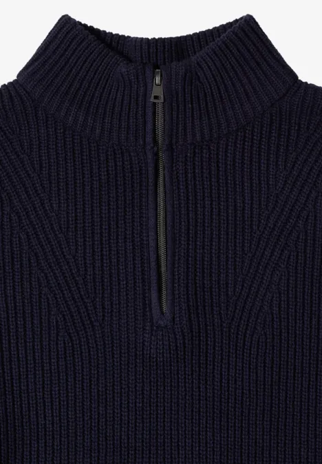 Pull en maille côtelée bleu marine avec col montant et demi-fermeture éclair