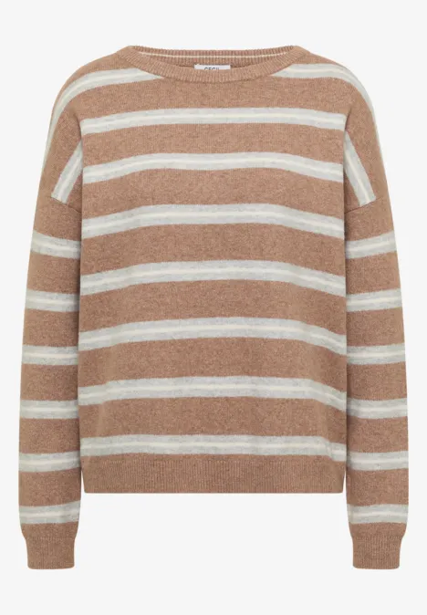 Pull marron clair à rayures blanches horizontales et col rond
