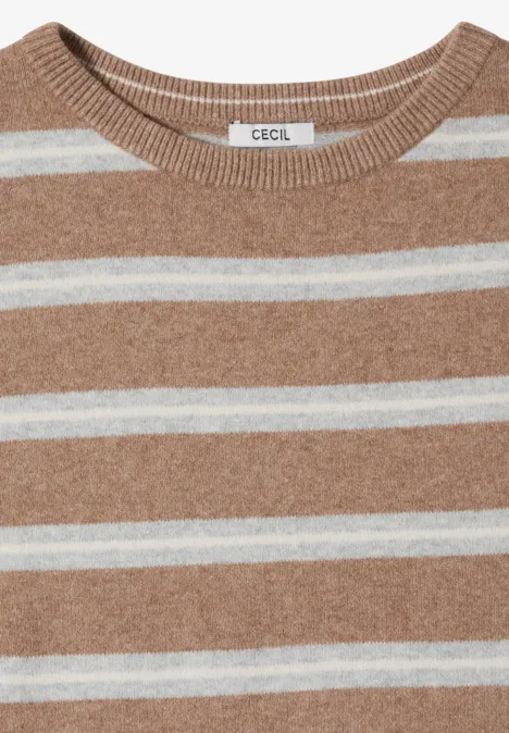 Pull en maille beige et blanc à rayures horizontales, col rond, marque CECIL.