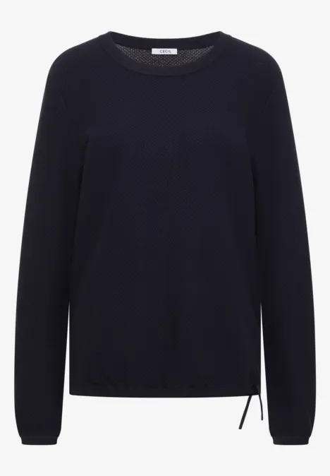 Un pull simple bleu foncé à col rond, manches longues et cordon de serrage latéral.