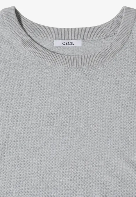 T-shirt fin gris clair à col rond pour femme, texture subtile et étiquette CECIL.