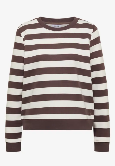 Braun-weißer gestreifter Pullover mit Rundhalsausschnitt und langen Ärmeln.