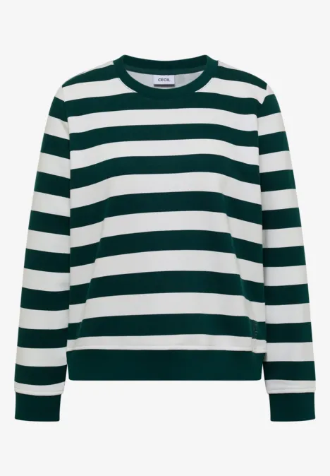 Gestreifter Pullover mit weißen und dunkelgrünen Streifen, Rundhals und langen Ärmeln.