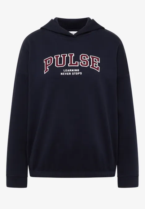 Sweat à capuche bleu marine avec l’inscription 'PULSE LEAGUE NEVER STOP'.