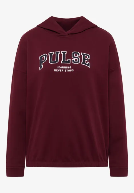 Sweat à capuche bordeaux avec inscription blanche 'PULSE LEAGUE NEW YORK'.