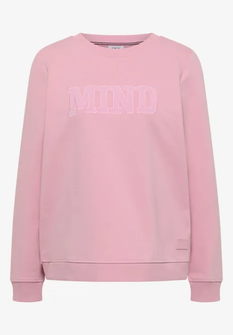 Sweat rose à col rond avec l'inscription blanche 'MIND' sur la poitrine.