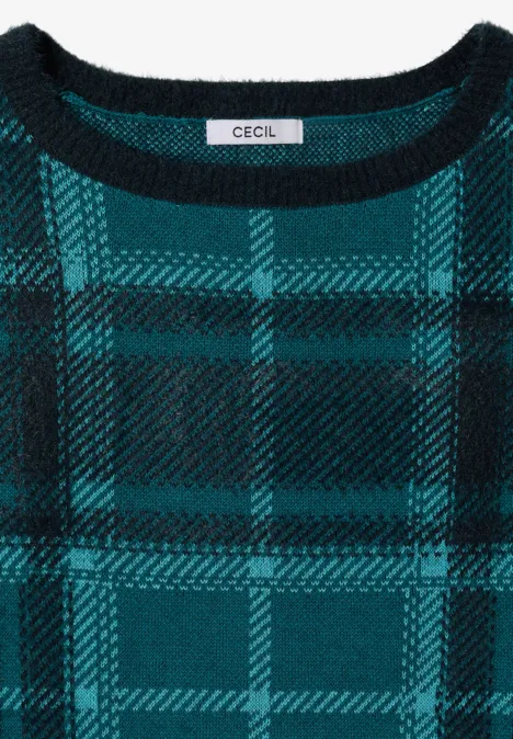 Grün-schwarz kariertes Strickshirt mit Rundhals und CECIL-Label