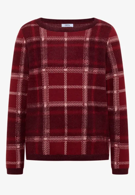 Langarm Pullover mit Karomuster red wine Roter Pullover mit kariertem Muster und Rundhalsausschnitt