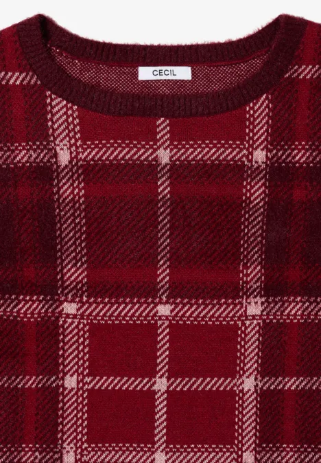Langarm Pullover mit Karomuster red wine Dunkelroter, karierter Strickpullover mit Rundhals und weißem CECIL-Label.