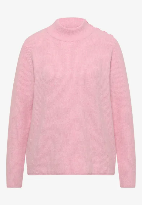 Pull texturé avec boutons décoratifs mellow rose melange Pull en maille rose duveteuse à col montant