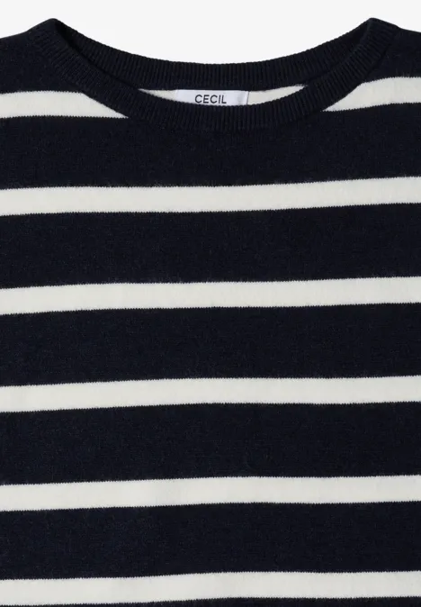 Marineblau-weiß gestreifter Pullover mit rundem Halsausschnitt und CECIL-Label.