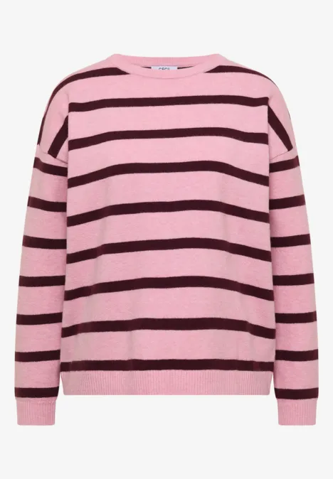 Pull à col bateau et rayures mellow rose melange Pull rose à rayures marron, col rond et coupe droite.