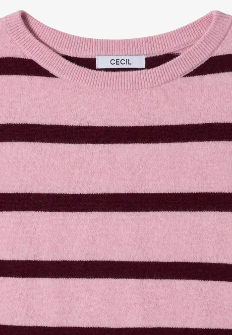 Pull à col bateau et rayures mellow rose melange Pull rose clair à rayures bordeaux horizontales, encolure ronde, de la marque Cecil.