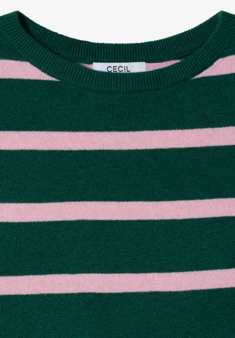 Pull à col bateau et rayures dark fir green melange Pull vert à rayures horizontales roses avec col rond