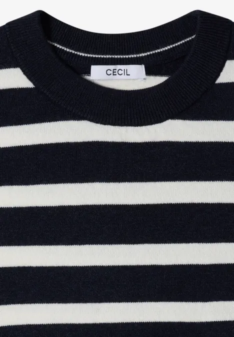 Pull à col rond et à rayures urban dark blue melange Pull marine à rayures blanches, col rond, étiquette CECIL.