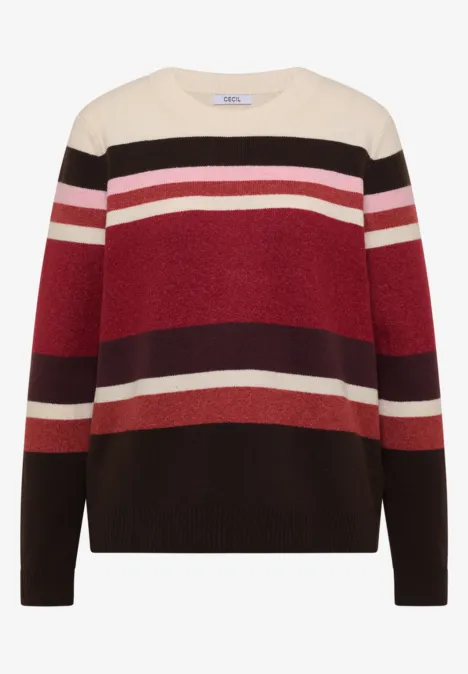 Pull à col rond et rayures rhubarb melange Pull en maille à manches longues et col rond, à rayures horizontales beige, noir, rose et bordeaux.