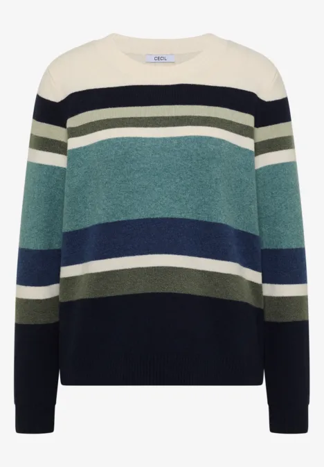 Pull à col rond et à rayures mineral blue melange Pull ample à col rond avec larges rayures horizontales crème, vertes et bleues.