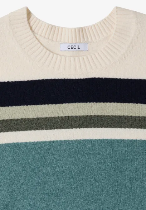 Pull à col rond et à rayures mineral blue melange Pull clair à larges rayures horizontales crème, noir, olive et bleu canard.