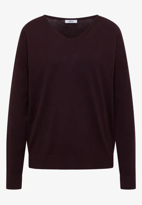 Schlichter, dunkelroter V-Ausschnitt-Pullover mit langen Ärmeln.
