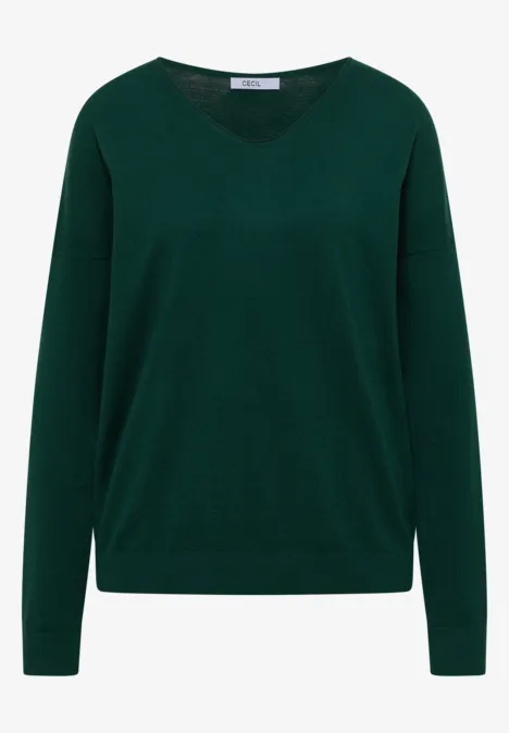 Dunkelgrüner V-Pullover mit langen Ärmeln, minimalistisches Design.