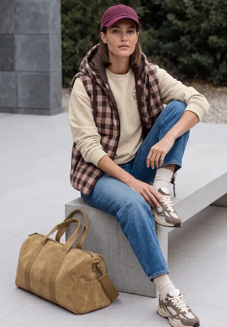 Sweatshirt mit Rundhals und Backprint pearl beige Frau in lässiger Reisekleidung sitzt mit großer Reisetasche auf einer Betonbank im Freien.
