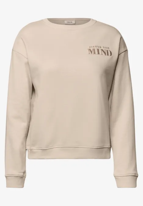 Sweatshirt mit Rundhals und Backprint pearl beige Beiges Sweatshirt mit Rundhals, langen Ärmeln und kleinem braunen Schriftzug 'BELIEVE IN YOUR MIND' auf der Brust.