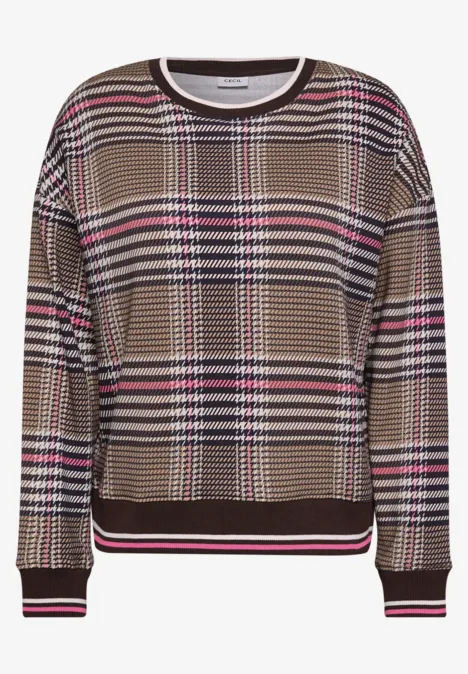 Brauner karierter Pullover mit Rundhals, langen Ärmeln und Kontraststreifen an Bündchen und Saum.