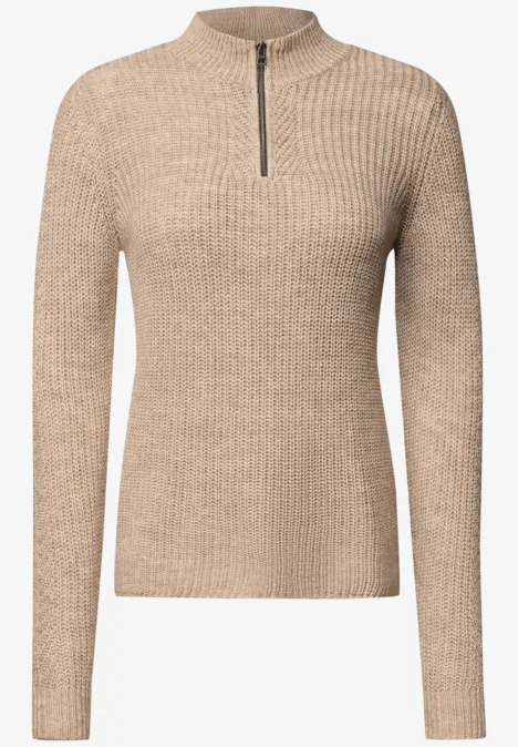 Pullover in Unifarbe mit Zipper creamy mocha melange Beige Strickpullover mit Stehkragen und halbem Reißverschluss, langärmlig.