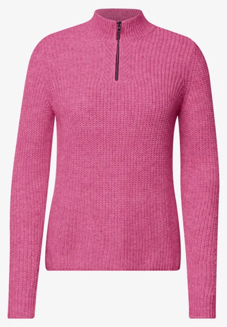 Trui met rits pink flash melange Rosa Strickpullover mit langem Arm und kurzem Reißverschluss