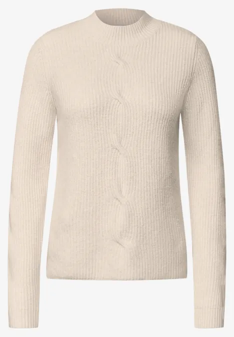 Trui met col en vlechtmotief oat milk beige melange Lichtbeige, fijngebreide damestrui met ronde hals, lange mouwen en subtiel kabelpatroon.