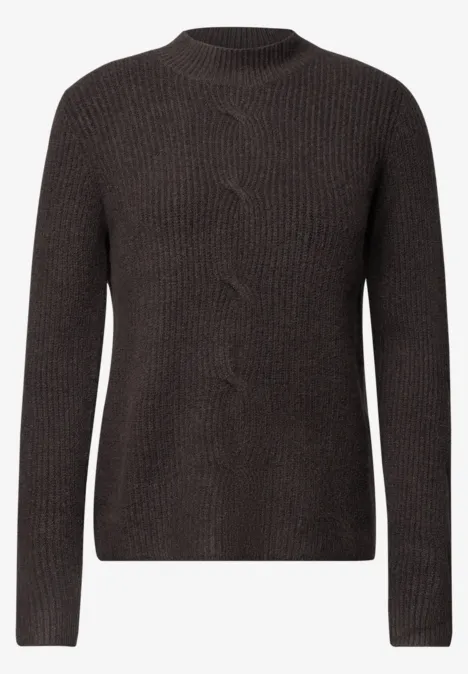 Trui met col en vlechtpatroon truffle brown melange dunkelbrauner, gerippter Pullover mit Rundhalsausschnitt und langen Ärmeln