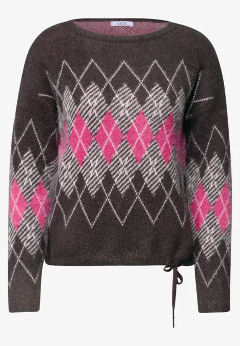 Graumelierter Pullover mit Rautenmuster in Hellgrau und Pink, Rundhals, lange Ärmel, Kordelzug am Saum.