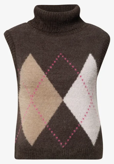Braunes ärmelloses Rollkragen-Stricktop mit beigen und weißen Rauten im Argyle-Muster und pinken Zierlinien.
