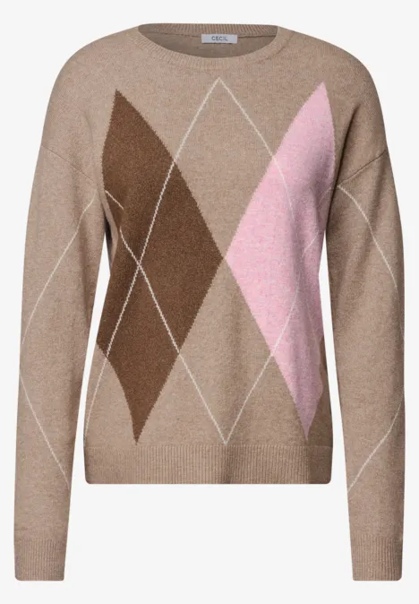 Brauner Pullover mit Rautenmuster in Hellrosa und Beige