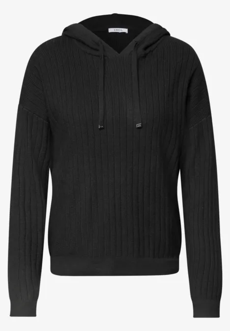 Schwarzer, gerippter Kapuzenpullover mit Kordelzug und langen Ärmeln.