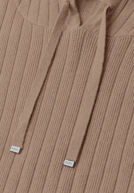 Sweat à capuche beige côtelé avec cordons et embouts métalliques argentés.