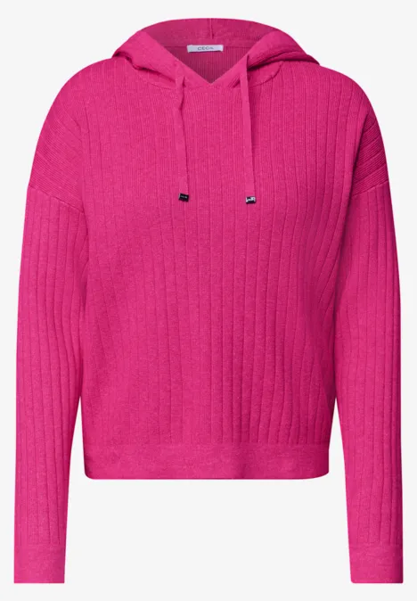 Felroze hoodie in kabelgebreide tricot, met capuchon en lange mouwen, casual pasvorm.