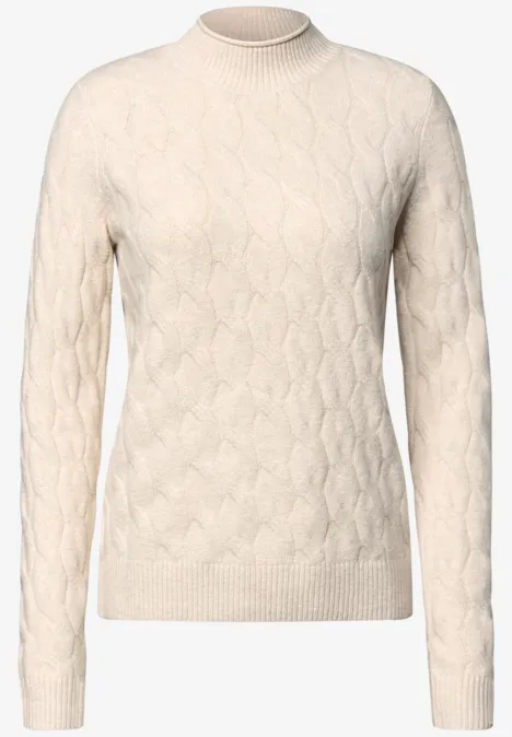 Pullover mit Turtle Neck und Zopfmuster oat milk beige melange Beiger, kabelgestrickter Rollkragenpullover aus weichem Material.