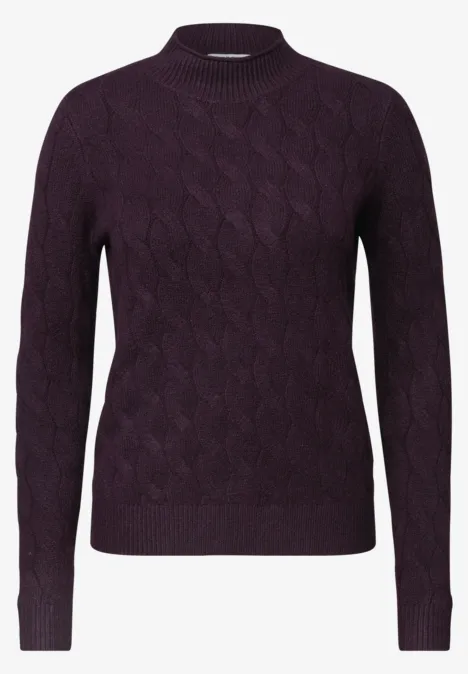 Pull femme violet foncé à torsades, col rond et manches longues