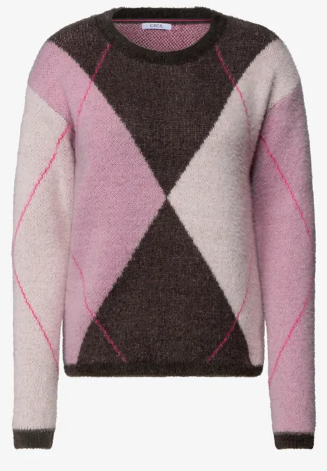 Pullover mit Rundhals und Argyle-Muster truffle brown Flauschiger Damenpullover mit rosa, beigem und braunem Rautenmuster.