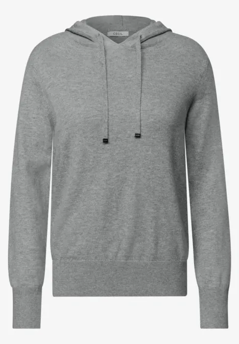 Sweat à capuche gris chiné, poche kangourou et cordon de serrage, style décontracté et épuré.