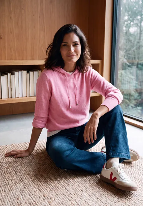 Frau in rosa Kapuzenpullover und Jeans sitzt auf Teppich vor Bücherregal.