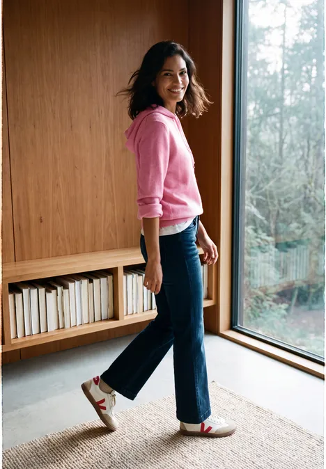 Eine Frau in rosa Sweatshirt und Jeans steht lächelnd am Fenster in einem hellen, gemütlichen Raum.