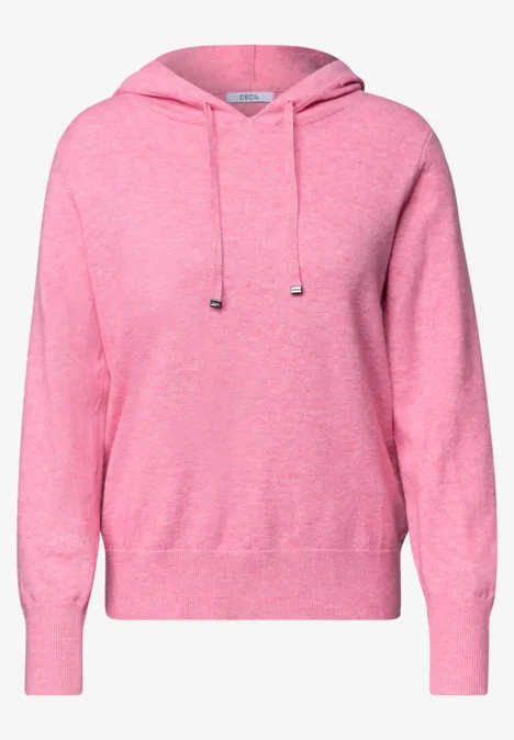Ein schlichtes hellrosa Hoodie mit Kapuze, langen Ärmeln und Kordelzug.
