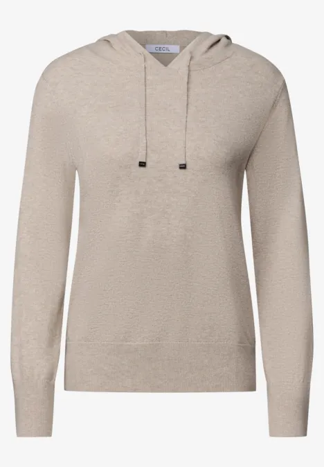 Helles beiges Kapuzensweatshirt aus weichem Stoff mit Kordelzug und gerippten Bündchen.