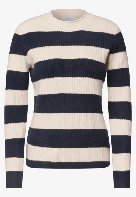 Pull femme à rayures horizontales beige et bleu marine, col rond et manches longues, tricoté.