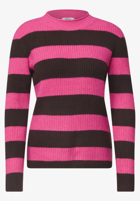 Pull rayé rose et noir, col rond et manches longues.