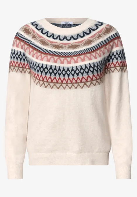 Pullover mit Rundhals und Jacquardmuster oat milk beige melange Beiger Pullover mit nordischem Muster in Blau, Rot und Braun, locker geschnitten.