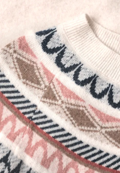 Pullover mit Rundhals und Jacquardmuster oat milk beige melange Weißer Strickpullover mit rosa und blauen Norweger-Mustern.